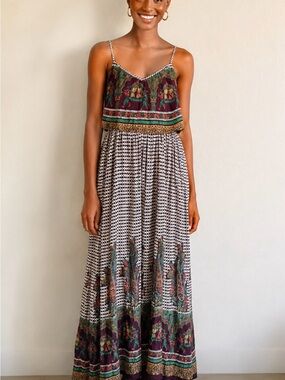 Anthropologie RAGA Boho Printed Maxi Dress Tiered Sleeveless Dress Small (E1)